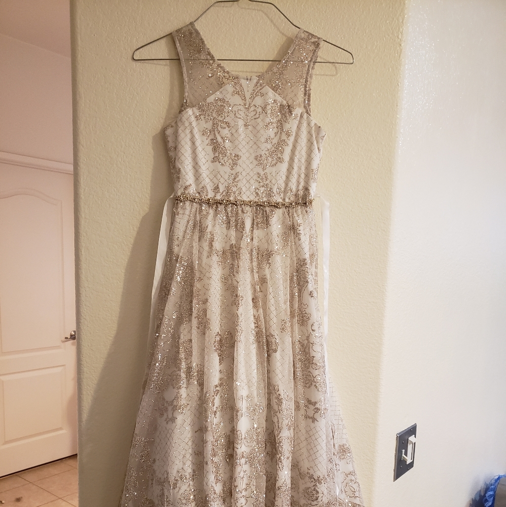 Rare editions 7 long ivory and gold dress